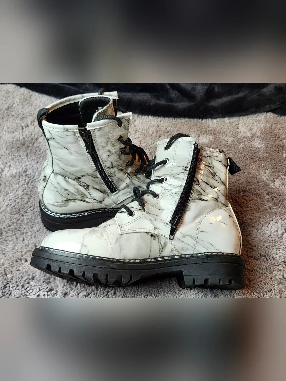 Kids MIA Marble-Print Lace-Up Combat Boots - White/Black